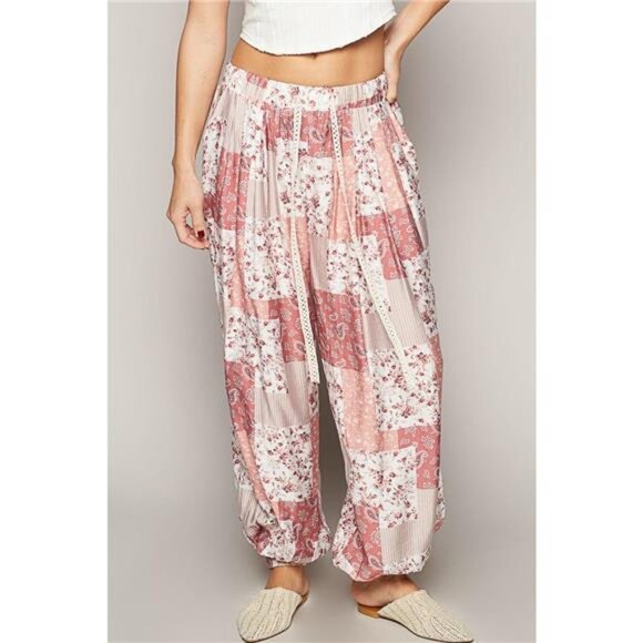 POL Drawstring Floral Patchwork Wide leg Pants - Picture 1 of 5